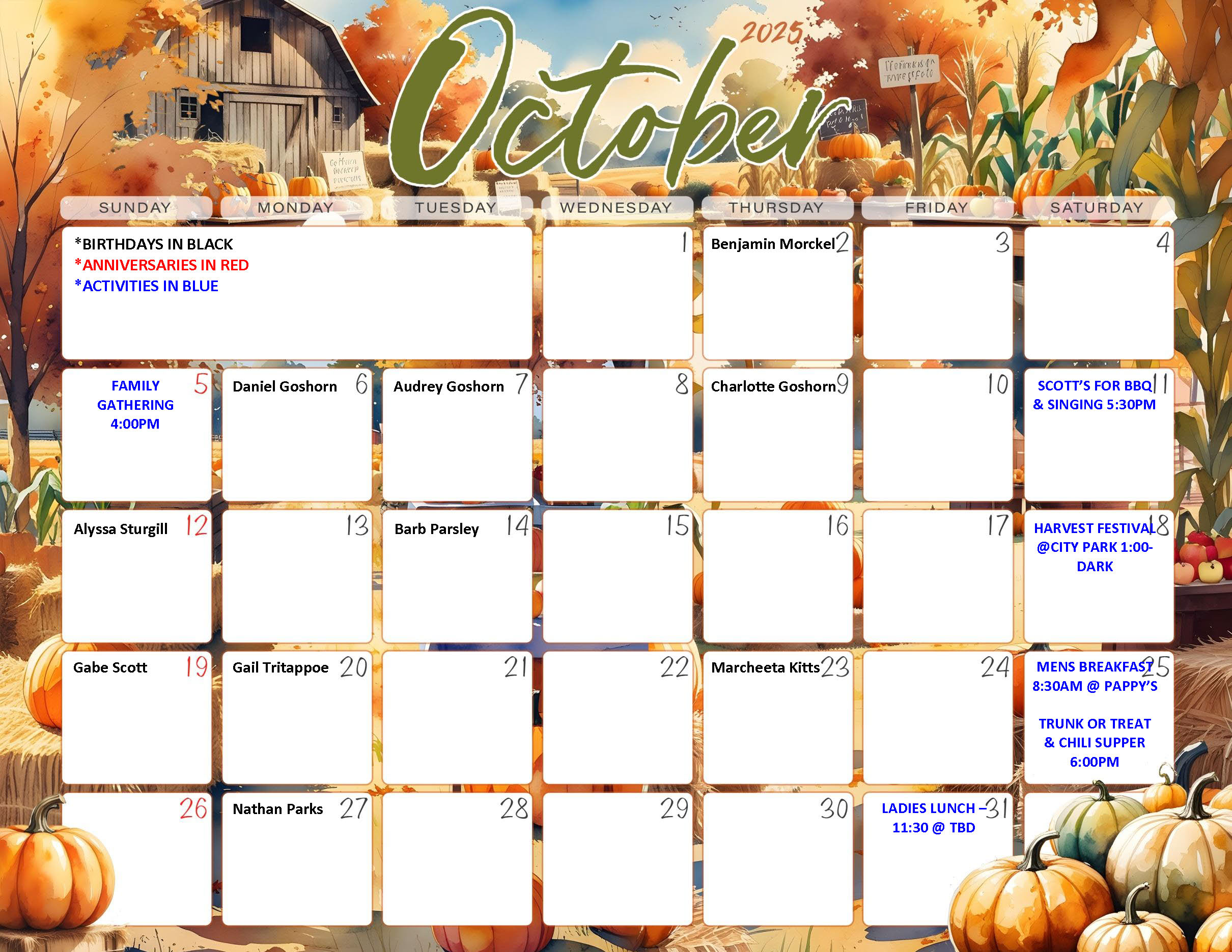 Events In October October 2025 Birthday and Events Calendar - Flatwoods church of Christ