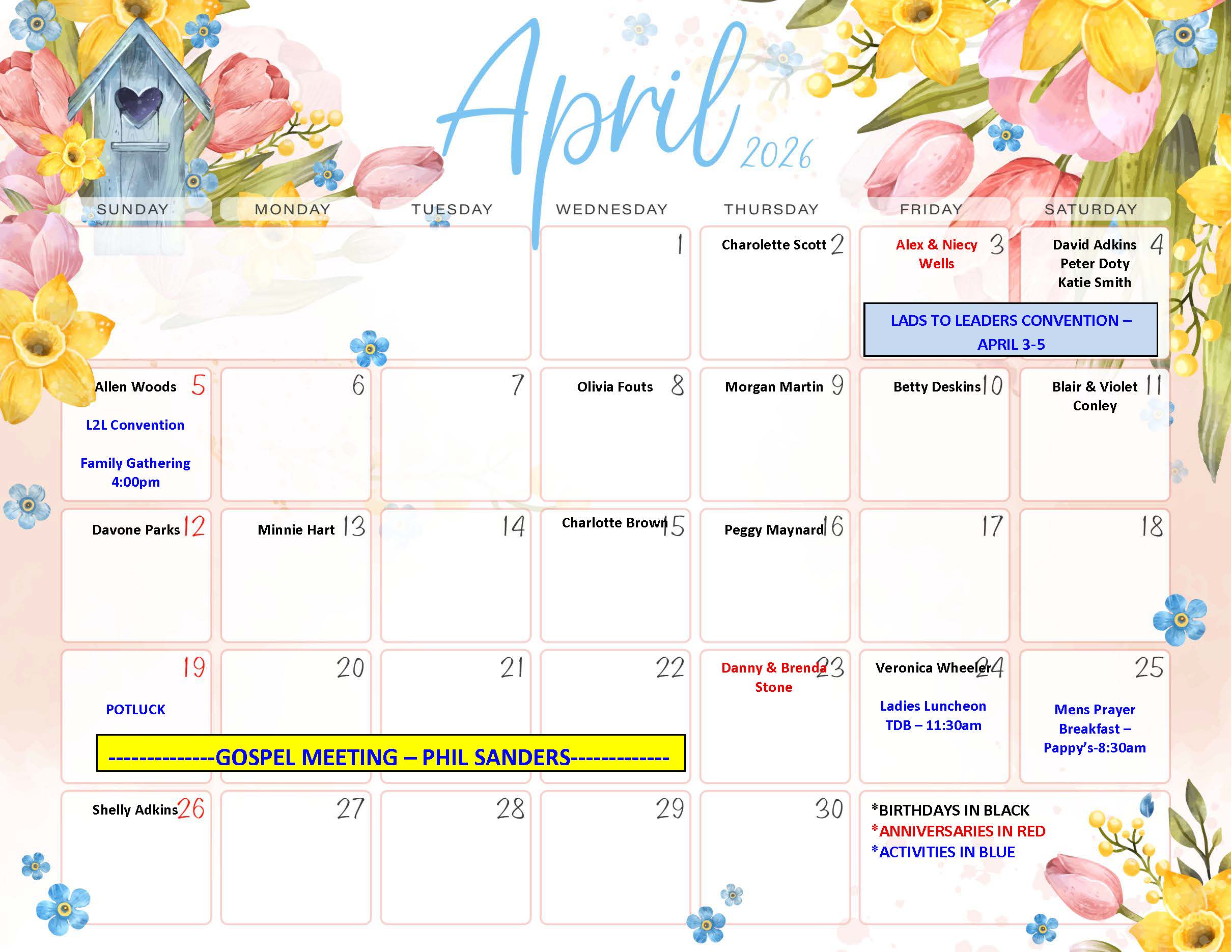 April 2026 Birthday and Events Calendar - Flatwoods church of Christ